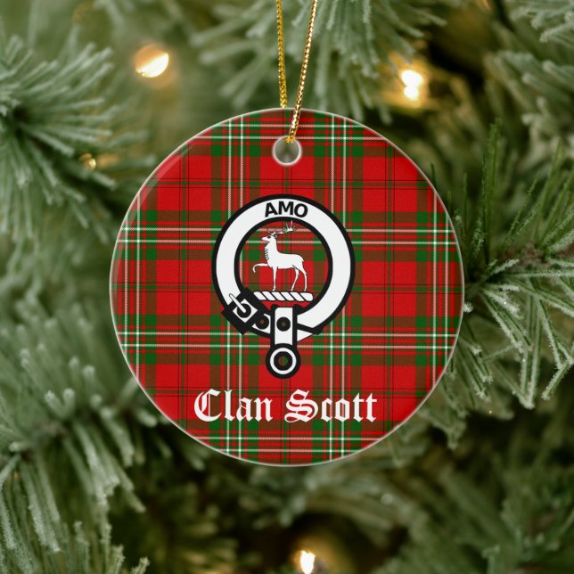 Clan Scott Crest Badge and Tartan  Ceramic Tree Decoration (Tree)