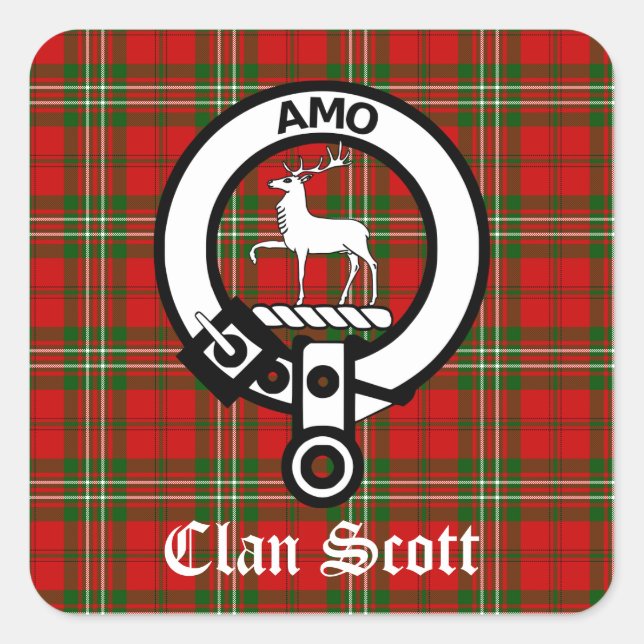 Clan Scott Crest Badge and Tartan Square Sticker (Front)