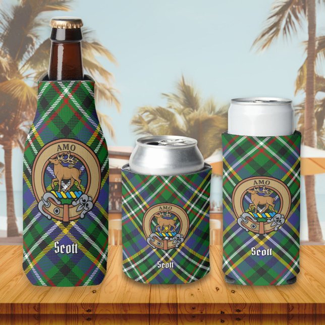 Clan Scott Crest over Green Tartan Bottle Cooler (Creator Uploaded)