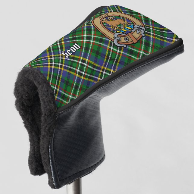 Clan Scott Crest over Green Tartan Golf Head Cover (3/4 Front)