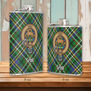 Clan Scott Crest over Green Tartan Hip Flask