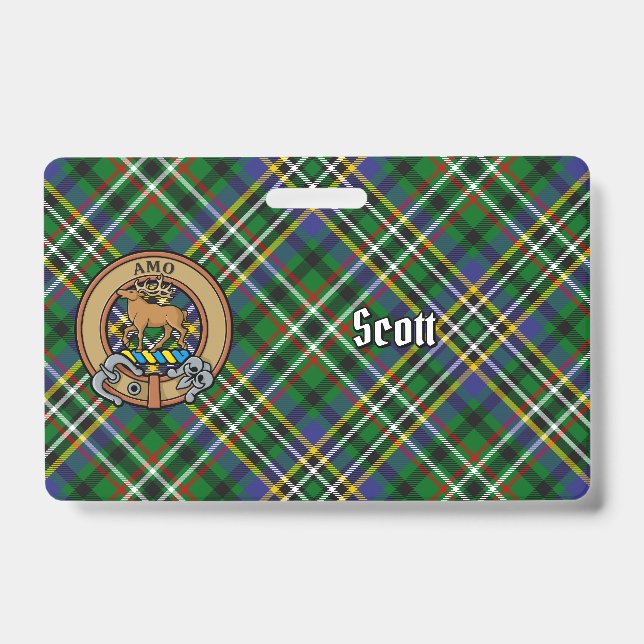 Clan Scott Crest over Green Tartan ID Badge (Front)