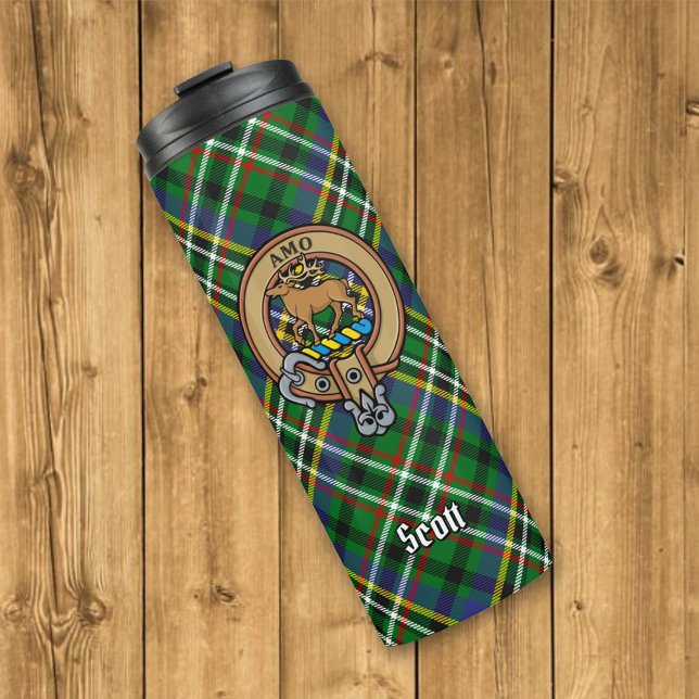 Clan Scott Crest over Green Tartan Thermal Tumbler (Creator Uploaded)