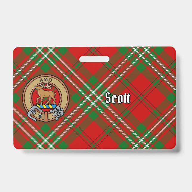 Clan Scott Crest over Red Tartan ID Badge (Front)
