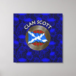 Clan Scott Crest & Tartan Knot on Thistle Canvas Print