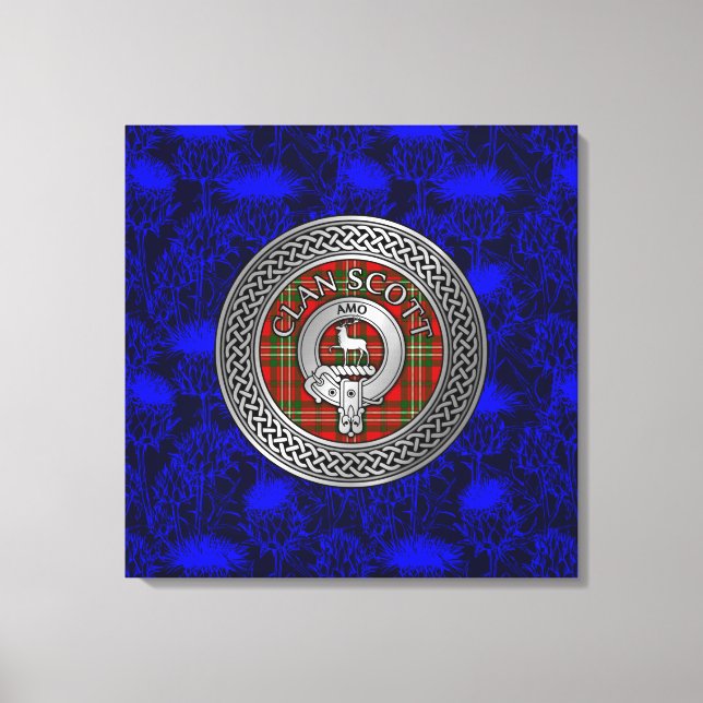 Clan Scott Crest & Tartan Knot on Thistle Canvas Print (Front)