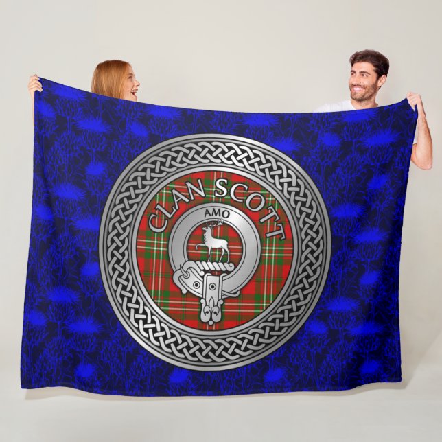 Clan Scott Crest & Tartan Knot on Thistle Fleece Blanket (In Situ)