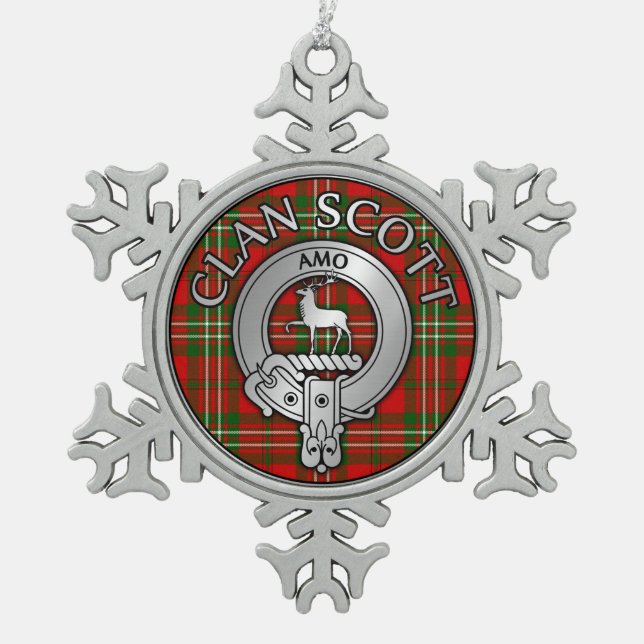 Clan Scott Crest & Tartan Snowflake Pewter Christmas Ornament (Front)
