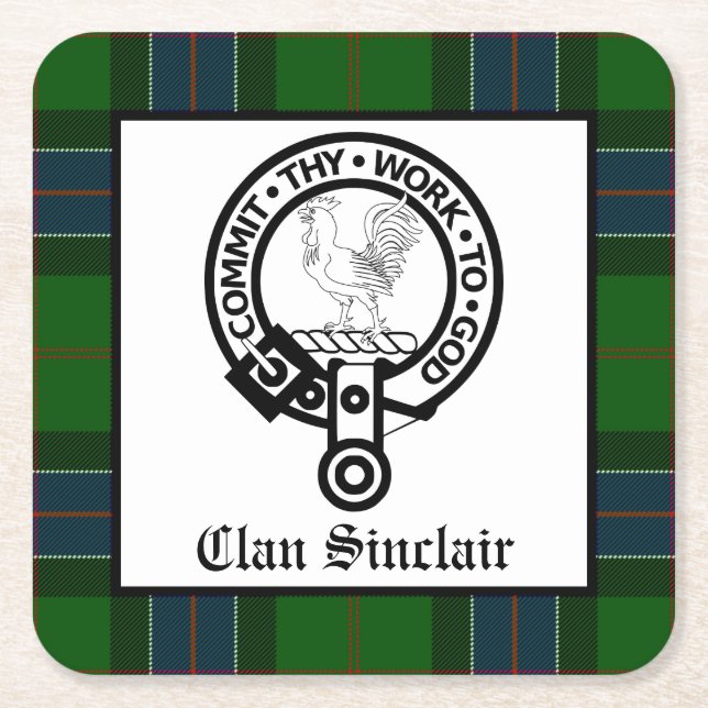 Clan Sinclair Crest Badge and Tartan Square Paper Coaster (Front)