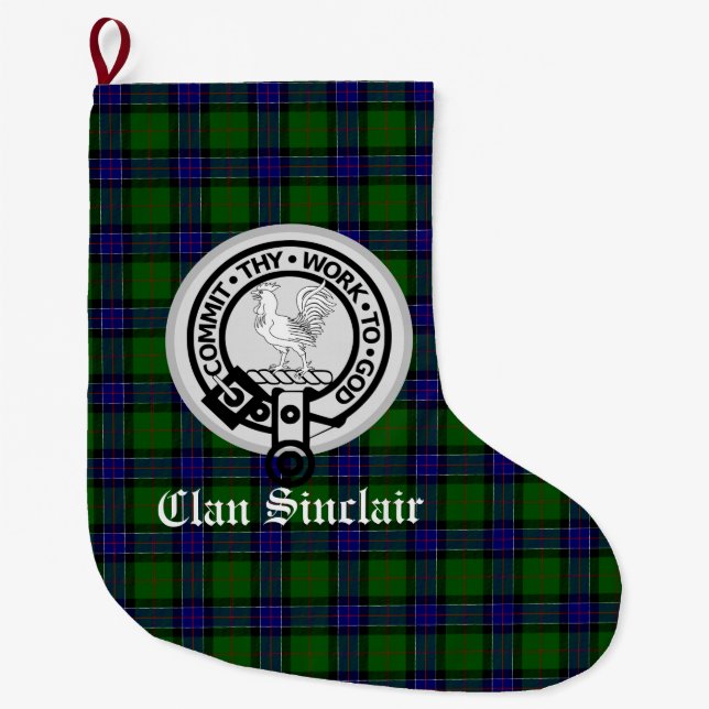 Clan Sinclair Crest Badge & Tartan Customisable Large Christmas Stocking (Front)