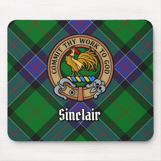 Clan Sinclair Crest over Hunting Tartan Mouse Pad (Front)
