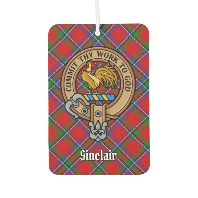 Clan Sinclair Crest over Red Tartan Car Air Freshener (Front)