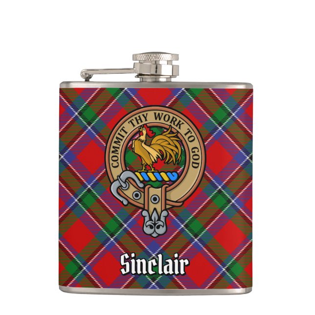 Clan Sinclair Crest over Tartan Hip Flask (Front)