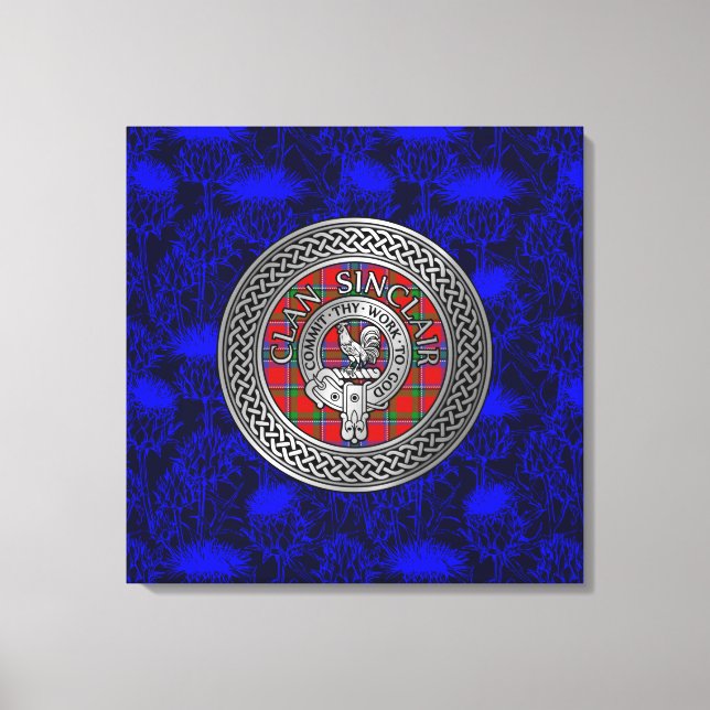 Clan Sinclair Crest & Tartan Knot on Thistle Canvas Print (Front)