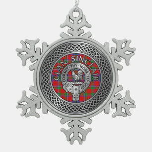 Clan Sinclair Crest & Tartan Knot Snowflake Pewter Christmas Ornament