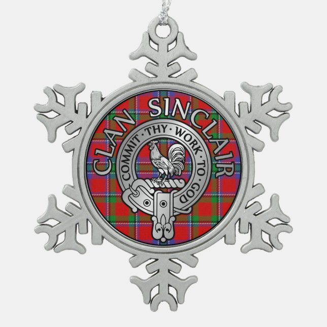 Clan Sinclair Crest & Tartan Snowflake Pewter Christmas Ornament (Front)