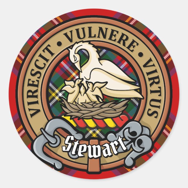 Clan Stewart Crest over Royal Tartan Classic Round Sticker (Front)