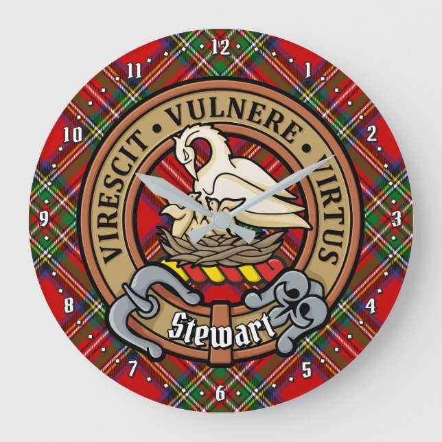 Clan Stewart Crest over Royal Tartan Large Clock (Front)