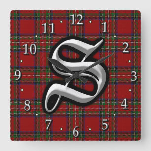 Clan Stewart Letter S Monogram Royal Red Tartan Square Wall Clock