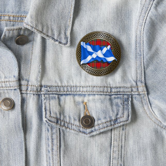 Clan Stewart Tartan Knot & Flag 6 Cm Round Badge (In Situ)