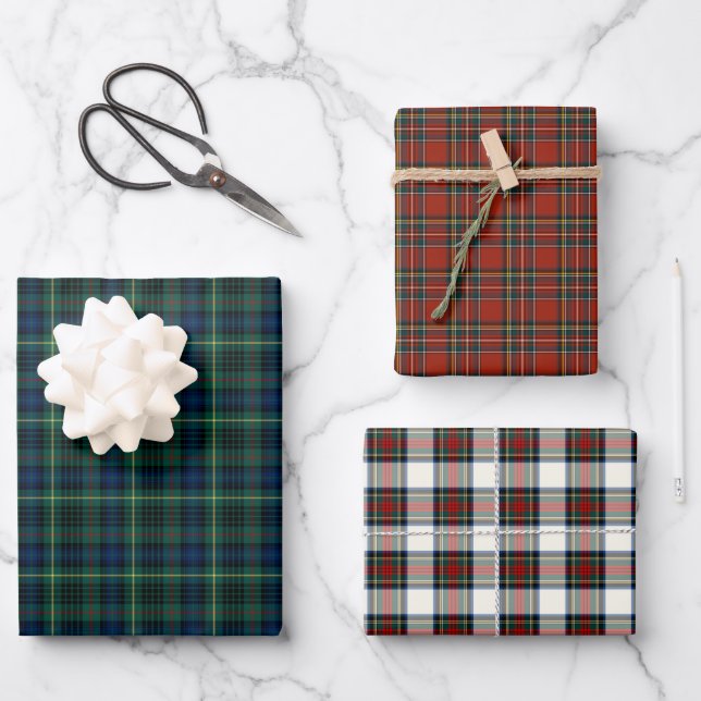 Clan Stewart Tartan Red, Green, and White Plaid Wrapping Paper Sheet (Front)