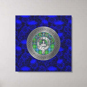 Clan Stirling Crest & Tartan Knot on Thistle Canvas Print