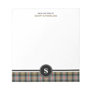 Clan Sutherland Ancient Tartan Tan Plaid Monogram Notepad