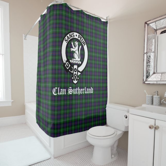 Clan Sutherland Crest Badge & Tartan Shower Curtain (In Situ)