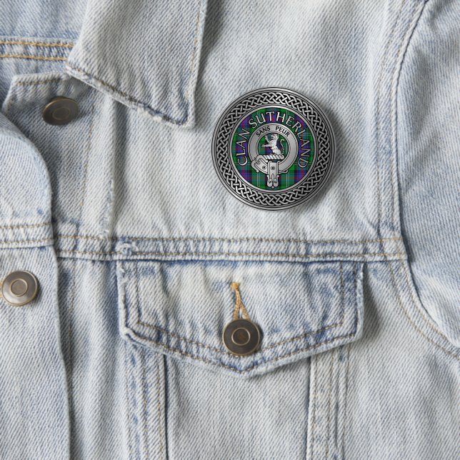Clan Sutherland Crest & Tartan Knot 6 Cm Round Badge (In Situ)