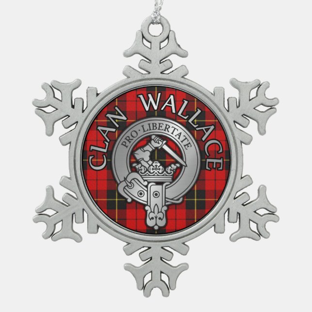 Clan Wallace Crest & Tartan Snowflake Pewter Christmas Ornament (Front)