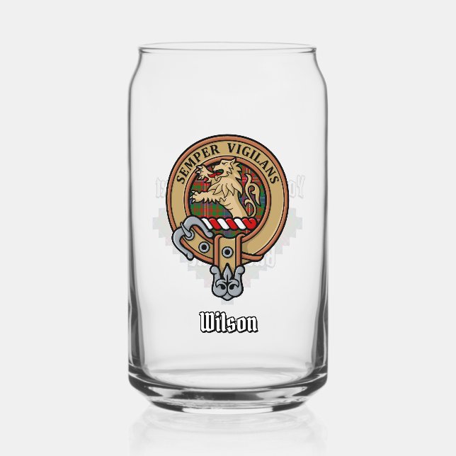 Clan Wilson Crest over Modern Tartan Can Glass (Front)