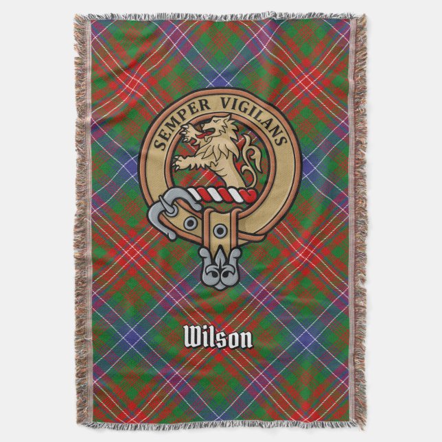Clan Wilson Crest over Modern Tartan Throw Blanket (Front Vertical)