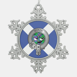 Clan Wood Crest & Dress Tartan Snowflake Pewter Christmas Ornament