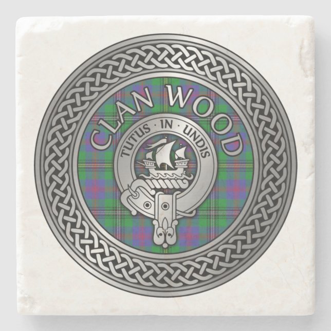 Clan Wood Crest & Tartan Knot Stone Coaster (Front)