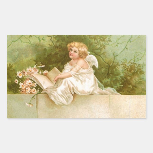 Clapsaddle: Angel with Book and Flowers Rectangular Sticker (Front)