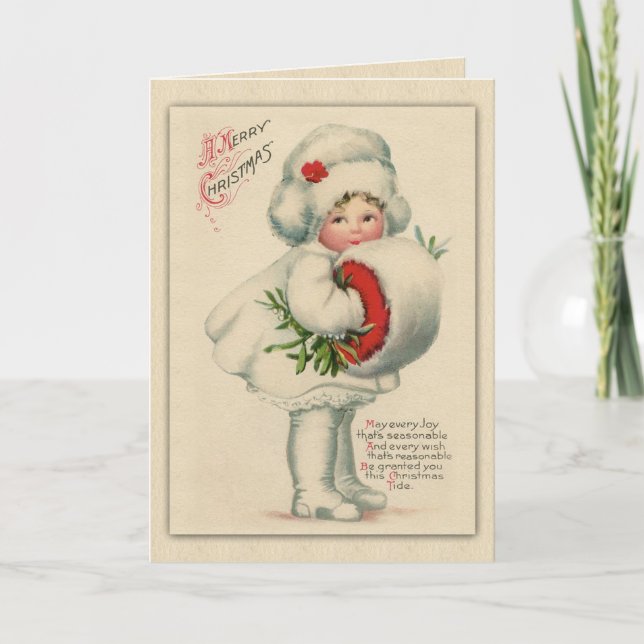 Clapsaddle Antique Christmas Girl in White Fur Holiday Card (Front)