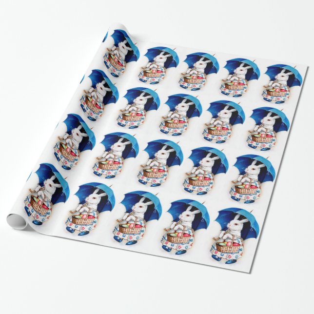 Clapsaddle: Easter Bunny Girl with Umbrella Wrapping Paper (Unrolled)