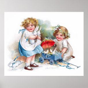 Clapsaddle: Girls Playing with Bunnies Poster