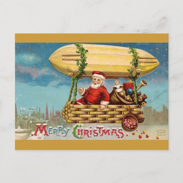 Clapsaddle: Santa Claus in Zeppelin Holiday Postcard (Front)