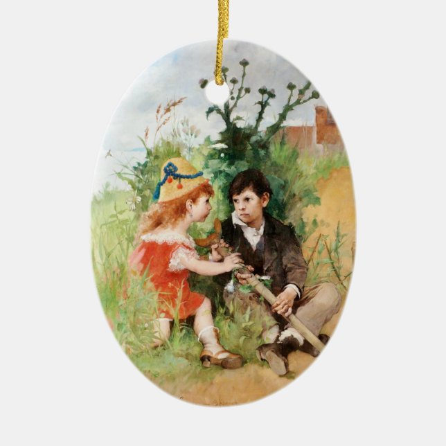 Clare with Boy and Crutch Ceramic Tree Decoration (Front)