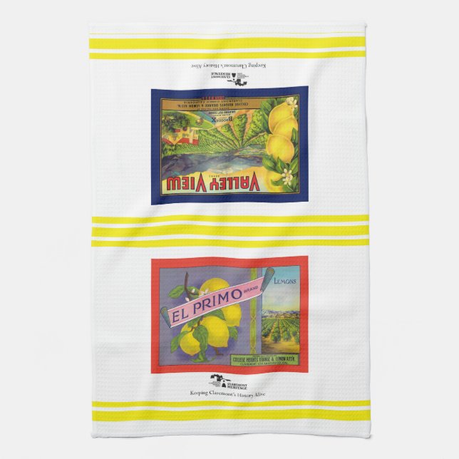 Claremont CA fruit crate labels tea towel (Vertical)