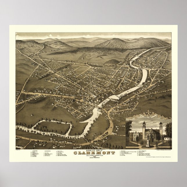 Claremont, NH Panoramic Map - 1877 Poster (Front)