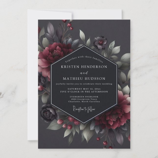 Claret Somber Flora Wedding Invitation (Front)