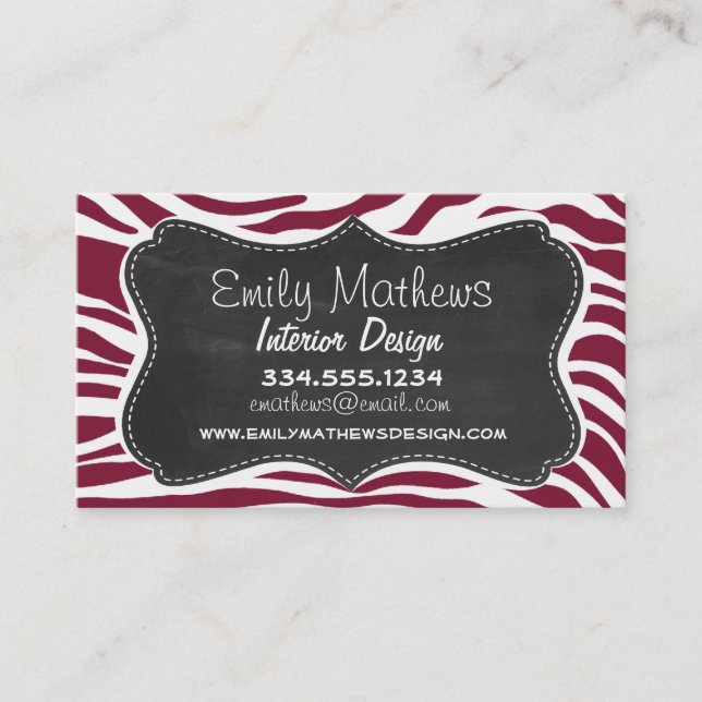 Claret Zebra Stripes Animal Print; Chalkboard look Business Card (Front)