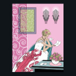 Clarice's Letter - Art Deco Fashion Design Poster<br><div class="desc">Clarice sits in her evening gown in a modern art deco chair, reading a letter. Her dress has a contrasting sash and stylised 1920s florals on the skirt. In the background are scalloped wall sconces, swirling white metalwork and a framed picture with matching swirls. The artwork on the wall simulates...</div>
