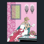 Clarice's Letter - Art Deco Fashion Design Poster<br><div class="desc">Clarice sits in her evening gown in a modern art deco chair, reading a letter. Her dress has a contrasting sash and stylised 1920s florals on the skirt. In the background are scalloped wall sconces, swirling white metalwork and a framed picture with matching swirls. The artwork on the wall simulates...</div>
