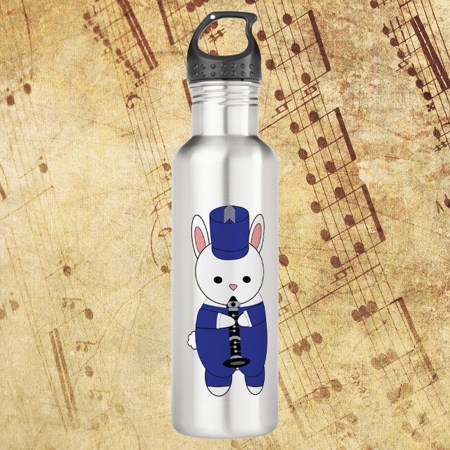Clarinet Bunny Rabbit Marching Band Blue White 710 Ml Water Bottle (A water bottle with a white rabbit playing the clarinet in a blue and white marching band uniform.)