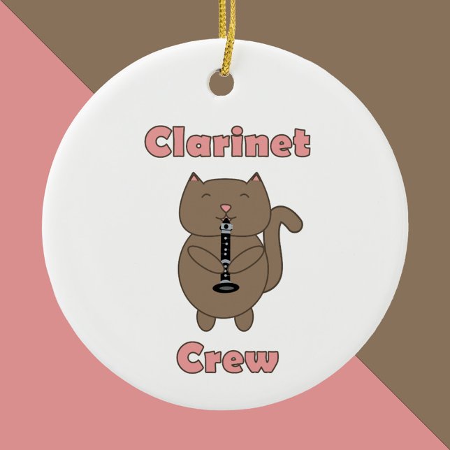 Clarinet Crew Cat Cute Brown Pink Ceramic Tree Decoration (An ornament featuring a cat playing the clarinet and the words clarinet crew in pink.)