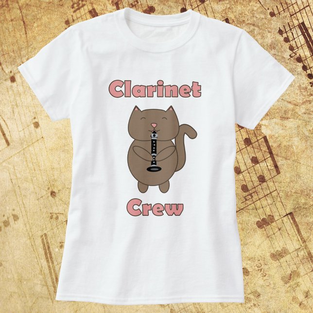 Clarinet Crew Cat Funny Brown Pink T-Shirt (A shirt with a brown cat playing the clarinet with the words clarinet crew in pink.)