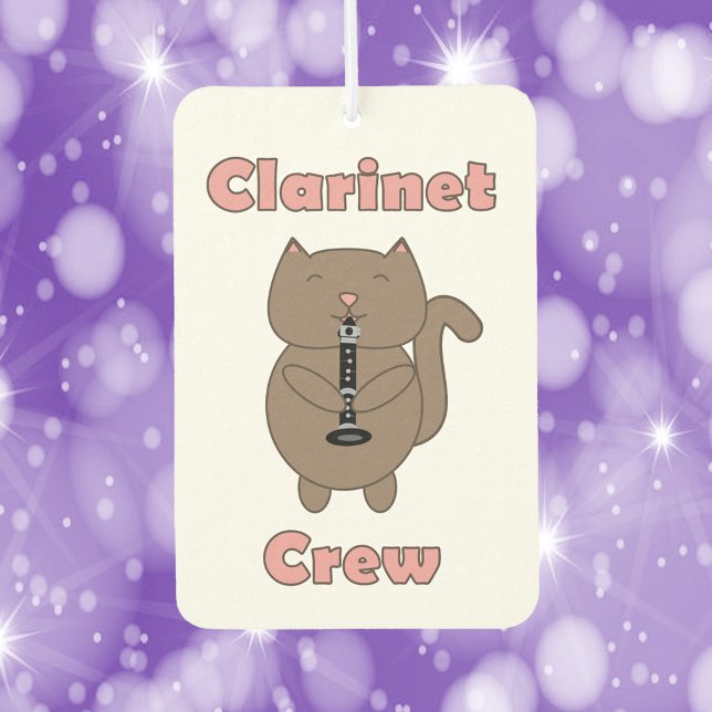 Clarinet Crew Cute Cat Pink Car Air Freshener (An air freshener with the words clarinet crew in pink and a cute brown cat playing the clarinet.)